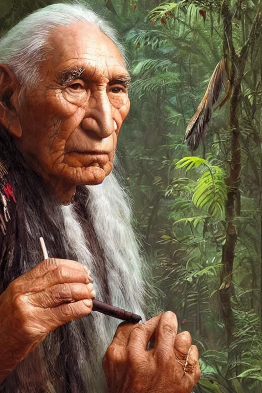 Image similar to a beautiful portrait of chief dan george taking tobacco snuff in the jungle, hyper realistic face, fantasy art, in the style of greg rutkowski, intricate, matte painting, hyper detailed, smooth