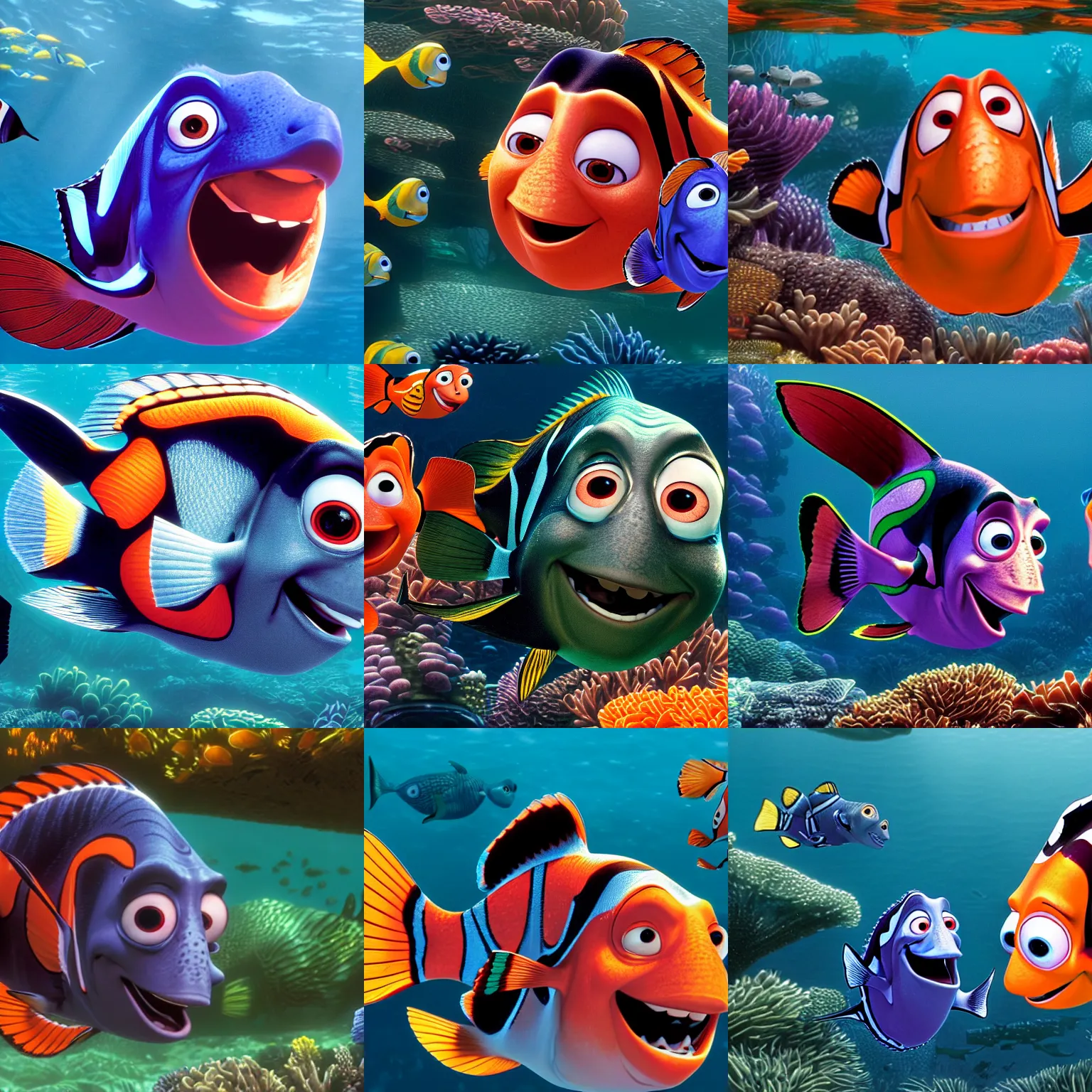 Prompt: bradley cooper in finding nemo, pixar, 8 k, portrait, detailed face, swimming, big bass fishing