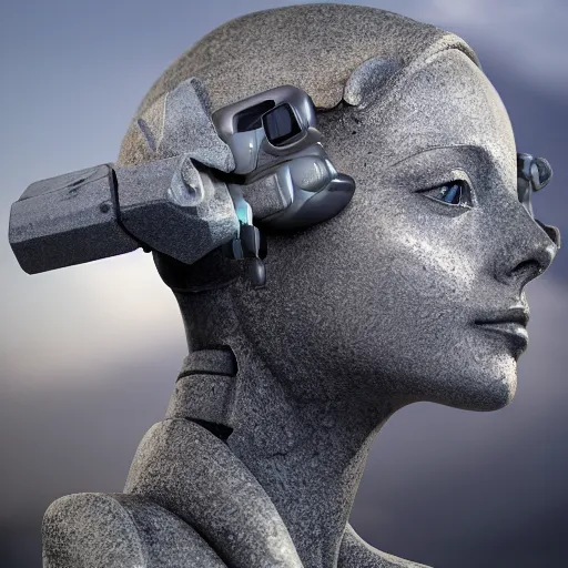 Image similar to the head of a marble cybernetic lady justice statue wearing a virtual reality headset on ground covered in sand, cyberpunk background, highly detailed, epic lighting, hyper photorealism, 8 k