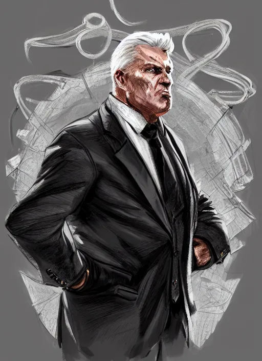 Image similar to a highly detailed illustration of 6 7 year - old clean - shaven chubby white man wearing black detective coat with necktie, heroic pose, strings background, intricate, elegant, highly detailed, centered, digital painting, artstation, concept art, smooth, sharp focus, league of legends concept art, wlop.