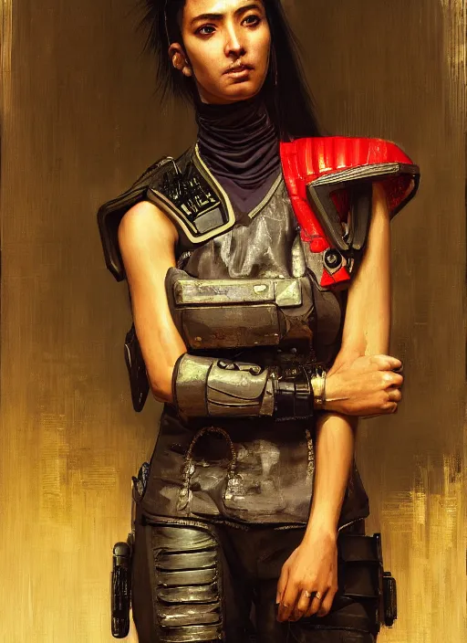 Image similar to Maria. beautiful cyberpunk Samurai woman wearing a military vest and military jumpsuit (cyberpunk 2077). gorgeous african face. Iranian orientalist portrait by john william waterhouse and Edwin Longsden Long and Theodore Ralli and Nasreddine Dinet, oil on canvas. Cinematic, hyper realism, realistic proportions, dramatic lighting, high detail 4k