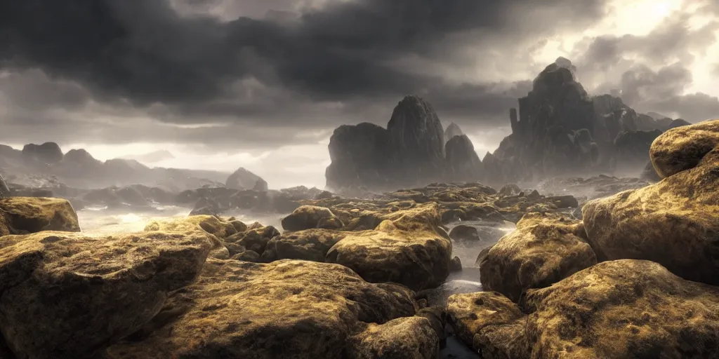 Image similar to Photorealistic epic landscape with magically floating rocks, with ominous storm clouds, strange levitating stones, stones falling from the sky, a gentle rising mist. photorealism, UHD, amazing depth, glowing, golden ratio, 3D octane cycle unreal engine 5, volumetric lighting, cinematic lighting, cgstation artstation concept art