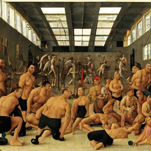 Prompt: gym full of weightlifters in the style of Hieronymus Bosch