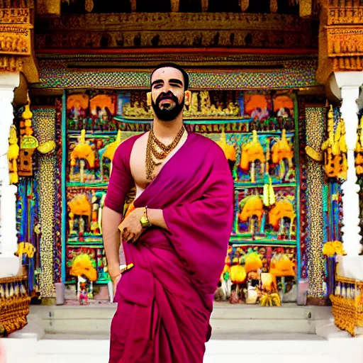 Image similar to photograph of drake the rapper standing in zxa hindu kovil, wearong a sarong, photorealistic, accurate portrayal, drake the rapper's face