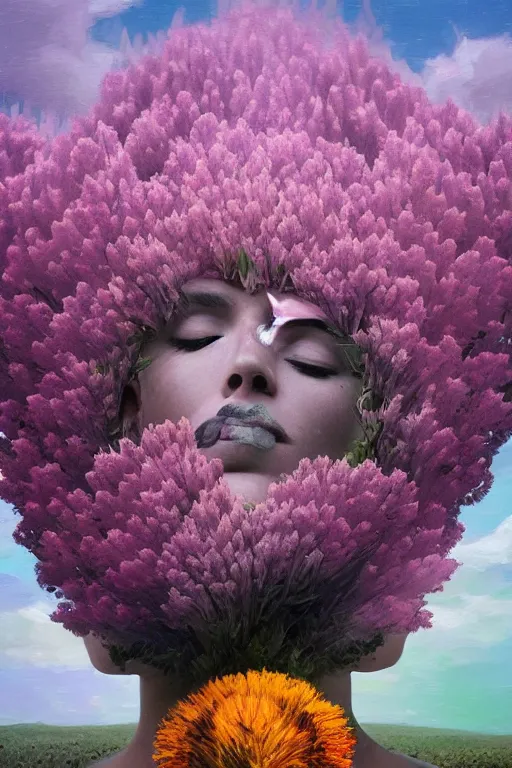 Prompt: closeup, large flowers as head mohawk, woman in heather field, surreal photography, starlight, storm clouds, impressionist painting, digital painting, artstation, simon stalenhag