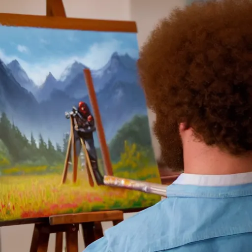 Image similar to a closeup photorealistic photograph of bob ross working on a canvas painting of deadpool. film still. brightly lit scene. mountains and trees. this 4 k hd image is trending on artstation, featured on behance, well - rendered, extra crisp, features intricate detail, epic composition and the style of unreal engine.