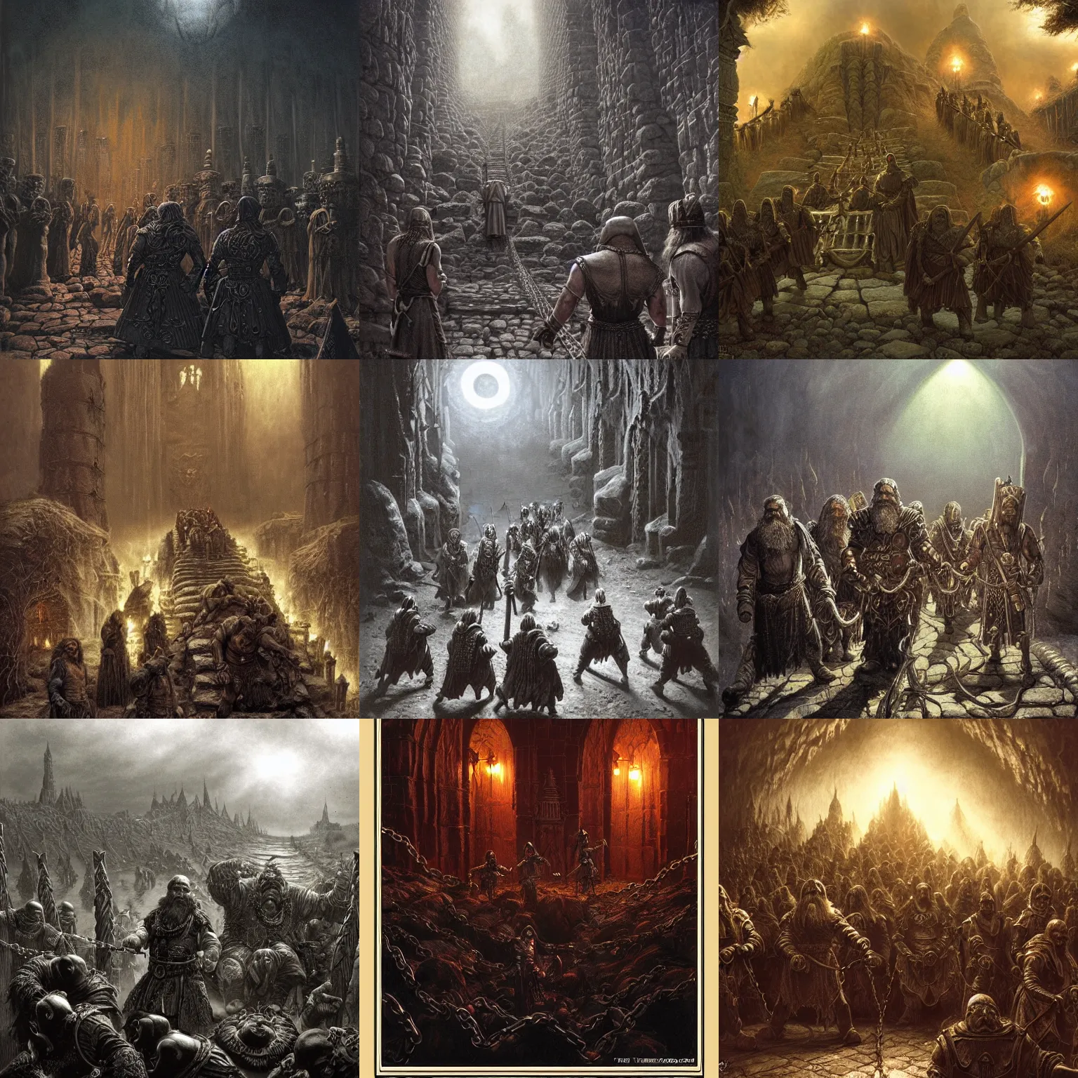 Prompt: Dwarven slavers leading tired slaves with chains, dark fantasy, gothic art by Ted Nasmith and James Gurney, dramatic lighting, cinematic, establishing shot, extremely high detail, photorealistic