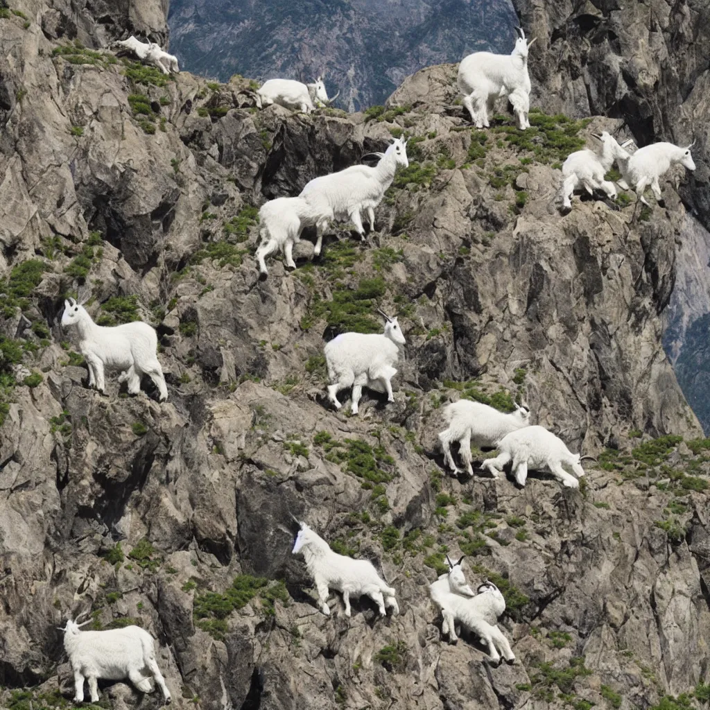 Image similar to mountain goats on a sheer cliffside, expressive, hyperrealism, photorealistic