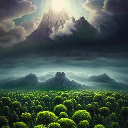 Prompt: epic view of a mountain range floating in the sky on a cloud, surreal landscape, Joe Fenton, broccoli trees, spinach forest, dusky, foggy lighting, realistic