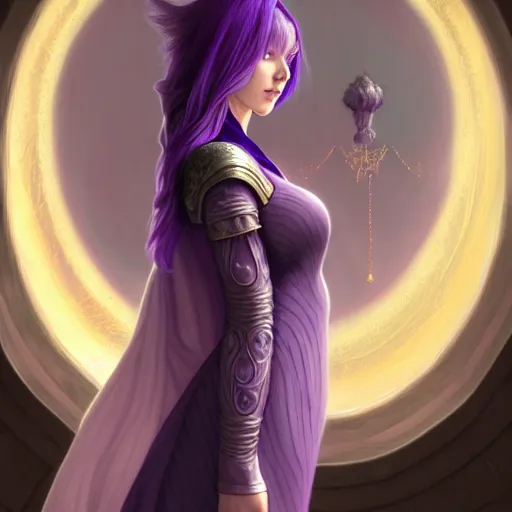 Image similar to purple haired mage, full body portrait, gentle, cloth, female, city landscape, d & d, fantasy, intricate, elegant, highly detailed, digital painting, purple and gold color palette, artstation, octane render, concept art, matte, sharp focus, illustration, herrarthstone, art by artgerm and greg rutkowski and alphonse mucha