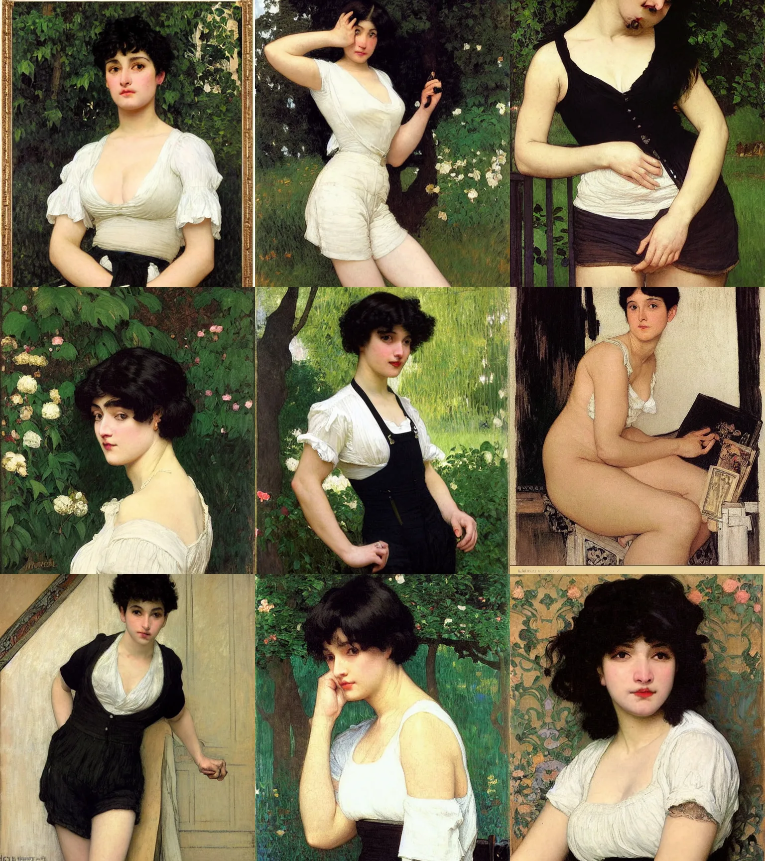 Prompt: a woman with black hair and long pixie haircut in shorts with suspenders and white t-shirt drawn by frederic leighton, gustave caillebotte, Alexandre Cabanel, norman rockwell, dominique ingres, maler collier, peter paul rubens, alphonse mucha, gustav klimt 4k, unreal 5, DAZ, french noveau, trending on artstation, octane render, hyperrealistic