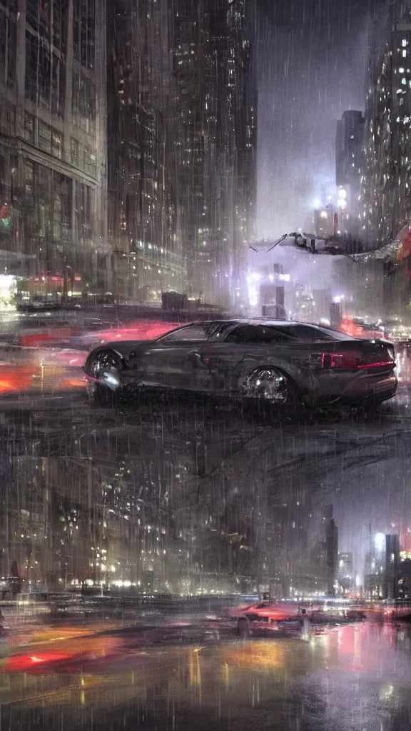 Prompt: a concept art of a rainy Chicago at night with cars and people watch dogs game