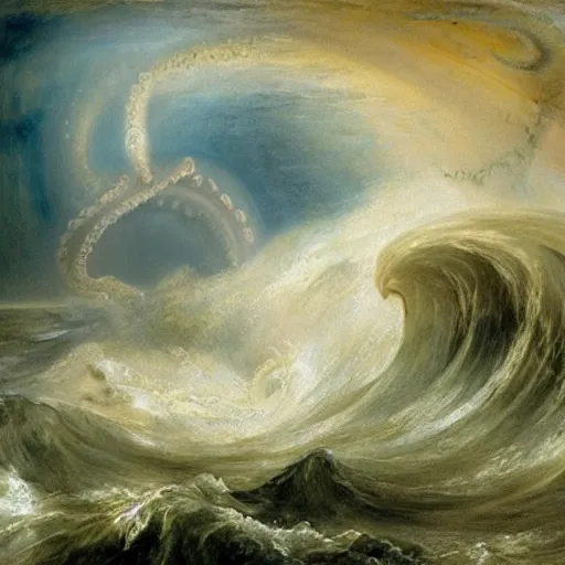 Prompt: giant octopus with gigantic tentacles dramatically rising above the waves of an angry ocean, by jmw turner