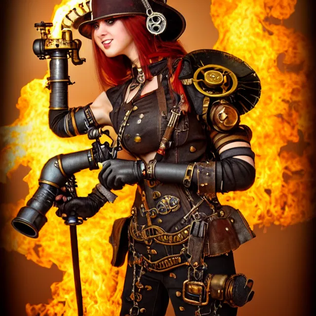 Prompt: steampunk warrior with a flamethrower, highly detailed, 4 k, hdr, smooth, sharp focus, high resolution, award - winning photo, anne stokes, photorealistic