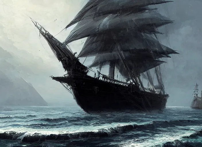 Prompt: A large black pirate ship with huge sails, covered by black tar. The ship waits in the white stone pier. Fantasy digital painting by Greg Rutkowski. Fantasy. Digital painting. Greg Rutkowski. Fantasy artwork.