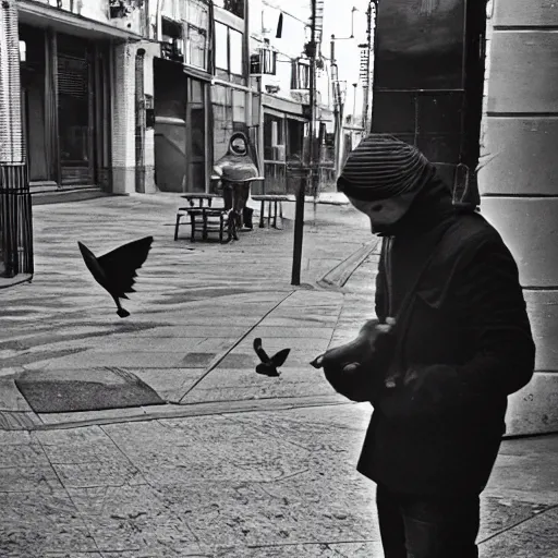 Image similar to surveillance camera footage, black and white, xavi hernandez on the street holding a pigeon