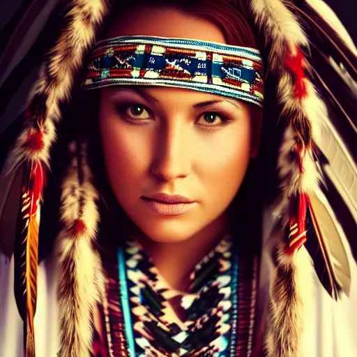 Image similar to a beautiful portrait of a native american woman with ornate clothing and beautiful fully rendered pretty face, dusk, cinematic, high resolution