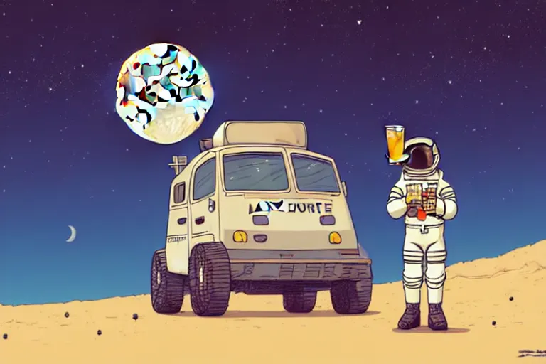 Prompt: a study of a cell shaded cartoon astronaut holding and drinking a beer on a desert road in front of a big moon, full body, wide shot, very muted colors, post grunge, studio ghibli, laurie greasley, highly detailed, deviantart, art by artgem