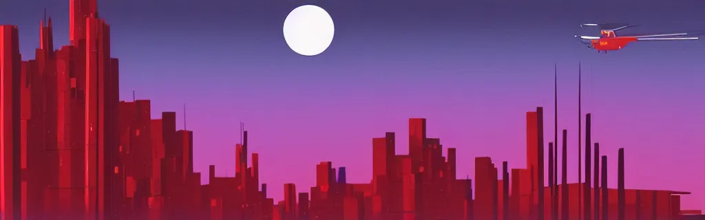 Image similar to sci - fi city night scene with moon and helicopter in the sky, red and purple tone, modernism, gouache, trees, animated film, stylised, illustration, by eyvind earle, scott wills, genndy tartakovski