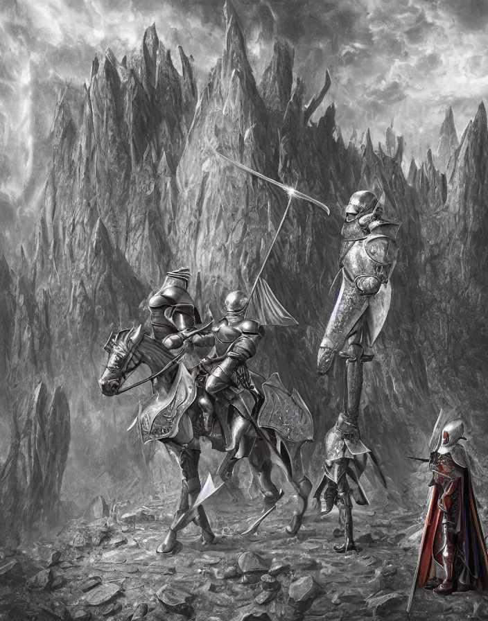 Prompt: DSLR photograph of a knight in a medieval suit of armor next to an elf wizard walking through a surrealist dimensional gateway that leads into a terrifying surrealist Bryce 3d landscape imaged by Larry Elmore Kerlaft, photo realistic