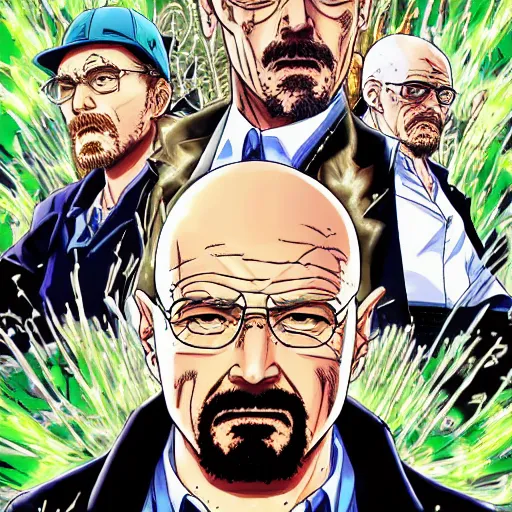 Image similar to Breaking Bad, manga cover illustration by Hirohiko Araki, Takeuchi Takashi, Pochi Iida, Masashi Kishimoto, Junichi Oda, Jojo, Shonen Jump, detailed HD, trending on mangakalot