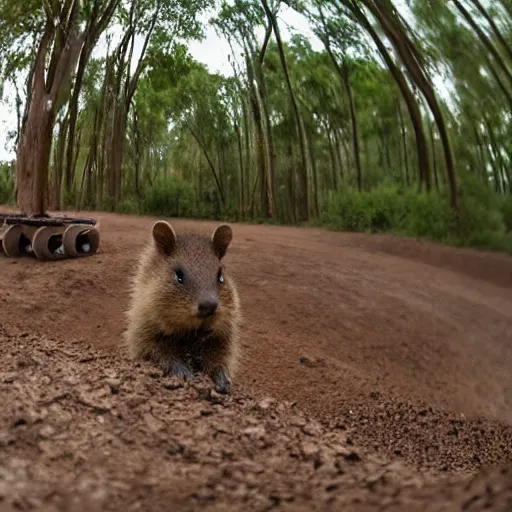 Image similar to a quokka and capybara standing on a motocross track, fisheye lens