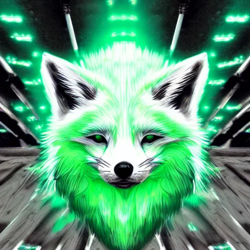 Prompt: digital white and green and green fox, retrowave palette, digital world, highly detailed, electric breeze, anatomically correct vulpine, synth feel, fluffy face, ear floof, flowing fur, super realism, accurate animal imagery, 4 k digital art