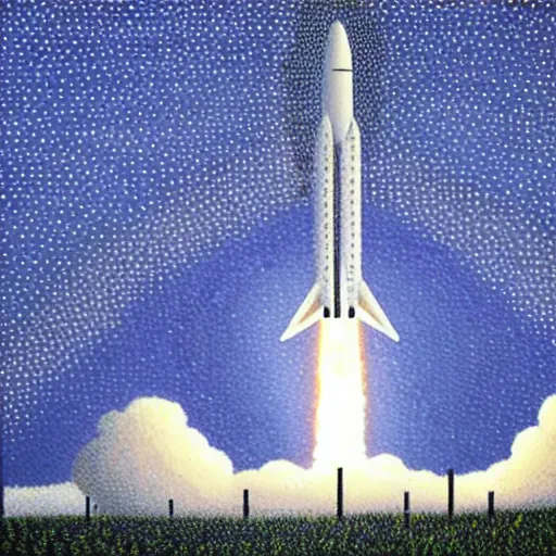 Image similar to spacex starship rocket landing on earth, pointillism painting