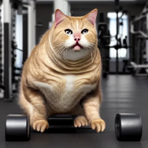 Image similar to a very fat cat doing exercises at the gym, photorealistic, hd