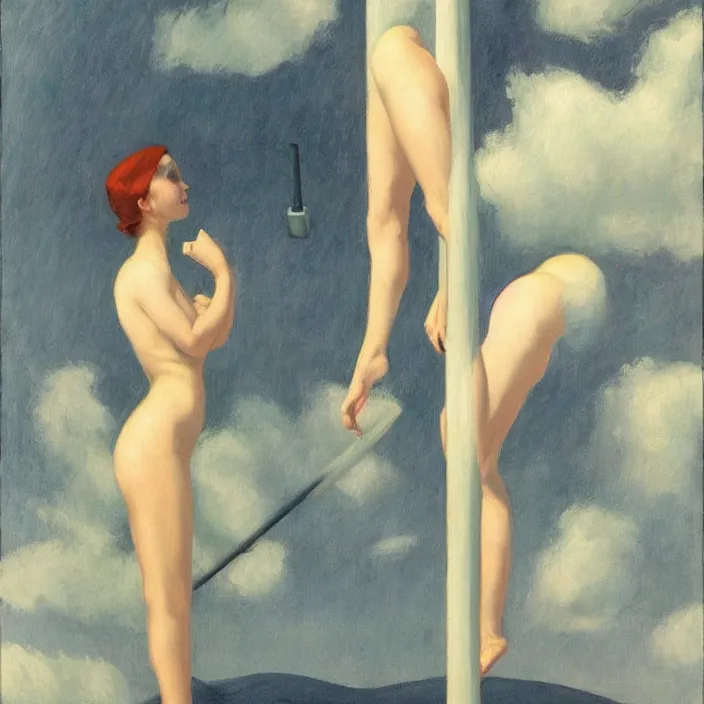 Image similar to pole dancing fairies, Edward Hopper and Rene Magritte, highly detailed