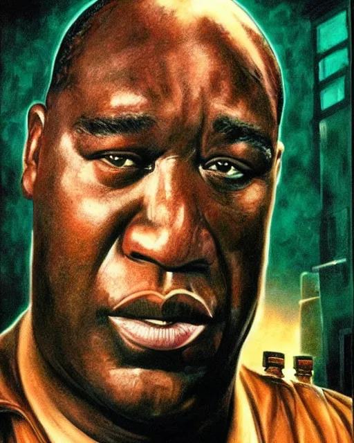 Image similar to john coffey in the green mile, airbrush, drew struzan illustration art, key art, movie poster