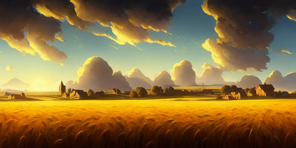 Prompt: landscape of wheat fields with a village in the distance, cinematic view, blue sky, detailed, concept art, low angle, high detail, realistic, warm lighting, volumetric, godrays, vivid, artstation, by jordan grimmer and greg rutkowski