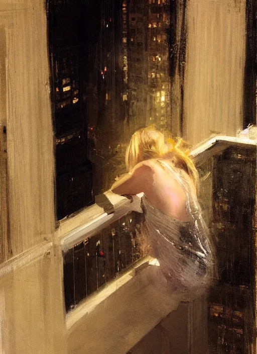 Image similar to painting of a beautiful blonde woman leaning over a balcony at night, looking down at the out of focus cityscape below, by Jeremy Mann, stylized, detailed, dark tones, emotional