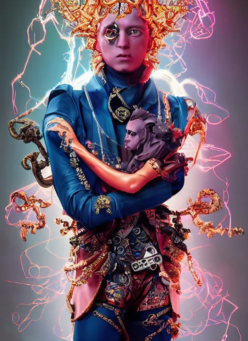 Image similar to full-body rococo and cyberpunk style sculpture of a young seductive Latino prince half android with a chest exposing circuitry, glowing pink seductive laser eyes, crown of blue sparks and diamonds, swirling orange-colored silk fabric, robotic raptors. baroque elements. full-length view. intricate artwork by caravaggio. art by Artgerm and Greg Rutkowski and Alphonse Mucha, Trending on artstation, cinematic industrial lighting, hyper realism, octane render, 8k, depth of field, 3D