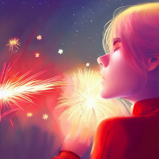 Prompt: colorful and festive captivating teenager girl with blonde hair, red japanese traditional clothes, shooting a firework with bow and arrow at the sky. rich vivid colors, ambient lighting, dynamic lighting, 4 k, atmospheric lighting, painted, intricate, highly detailed by charlie bowater