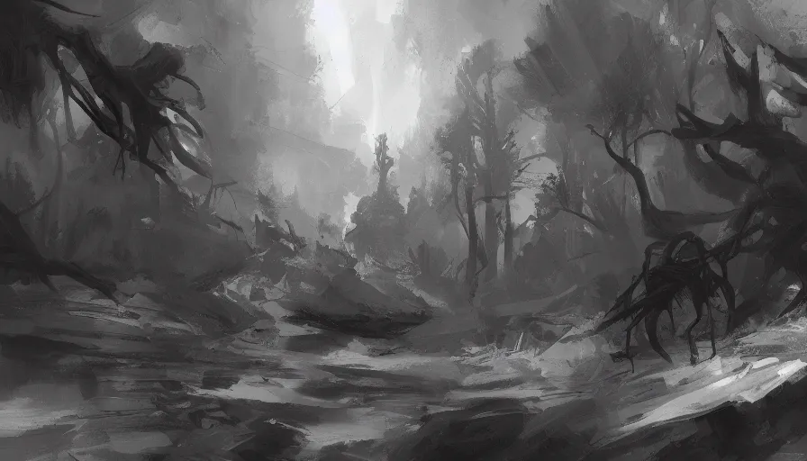 Image similar to enviroment thumbnail black and white, cgsociety, oil painting by jama jurabaev, extremely detailed, brush hard, artstation, high quality, brush stroke