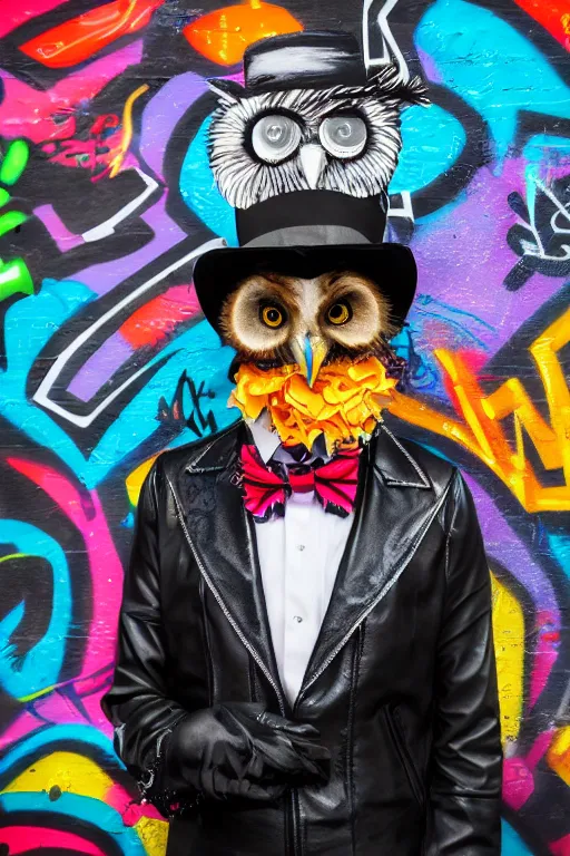 Prompt: gentleman owl with black biker jacket, portrait photo, wall with colorful graffiti, studio photo, suit, bow tie, tophat, tophat, lens flare, 2. 8 f