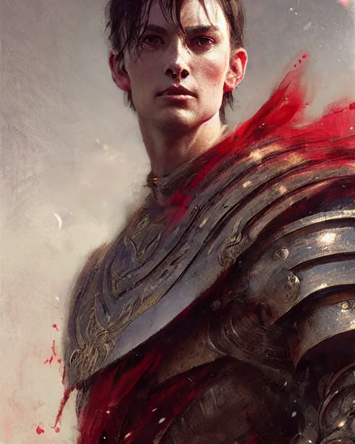 Image similar to close up of a young emperor wearing an armor ; masculine man with thin faces line and perfect jawline, two sides brown hair, elegant, ethereal horror fantasy art by greg rutkowski, jeremy mann, magali villeneuve and claude monet, large shoulders, red background