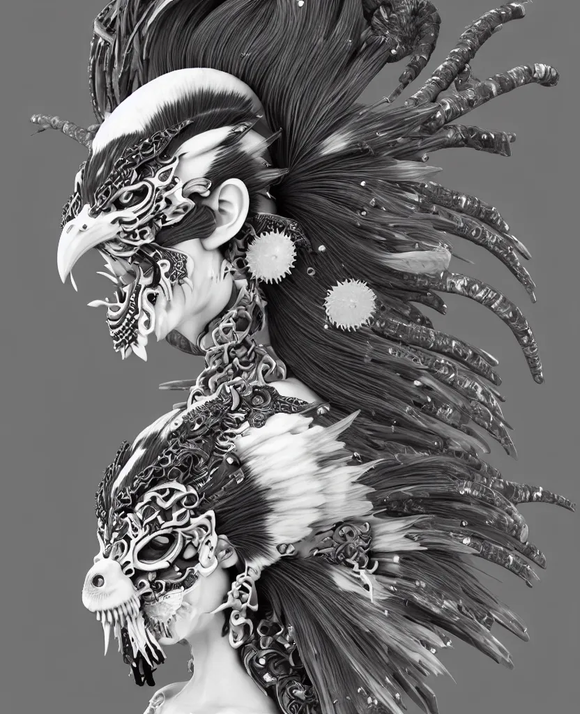 Image similar to 3 d goddess close - up profile portrait punk with mohawk with ram skull. beautiful intricately detailed japanese crow kitsune mask and clasical japanese kimono. betta fish, jellyfish phoenix, bio luminescent, plasma, ice, water, wind, creature, artwork by tooth wu and wlop and beeple and greg rutkowski