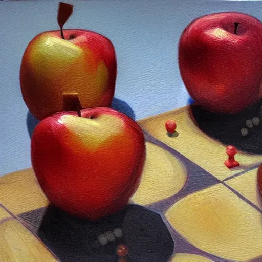 Prompt: two apples playing chess, realistic oil paint
