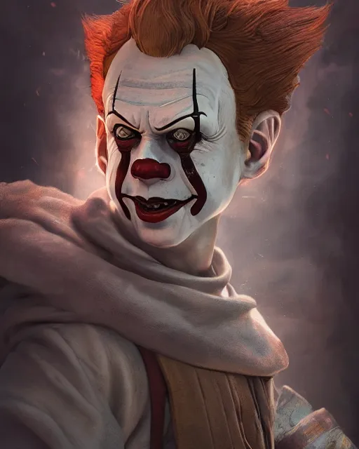 Prompt: an epic fantasy comic book style portrait painting from pennywise mixed with jedi anakin skywalker, character design by mark ryden and pixar and hayao miyazaki, unreal 5, daz, hyperrealistic, octane render, cosplay, rpg portrait, dynamic lighting, intricate detail, summer vibrancy, cinematic