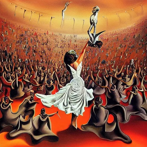 Prompt: Carmen sings beautifully, mesmerizing a crowd and shattering worlds- contest-winning artwork by Salvador Dali