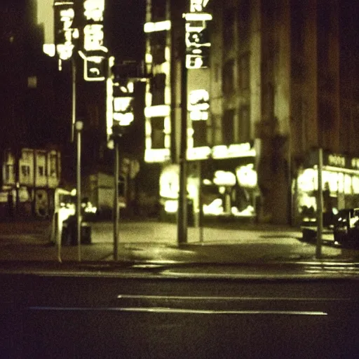 Image similar to an eerie photo of an a city of contradictions from the 1 9 9 0 s at night, disposable film