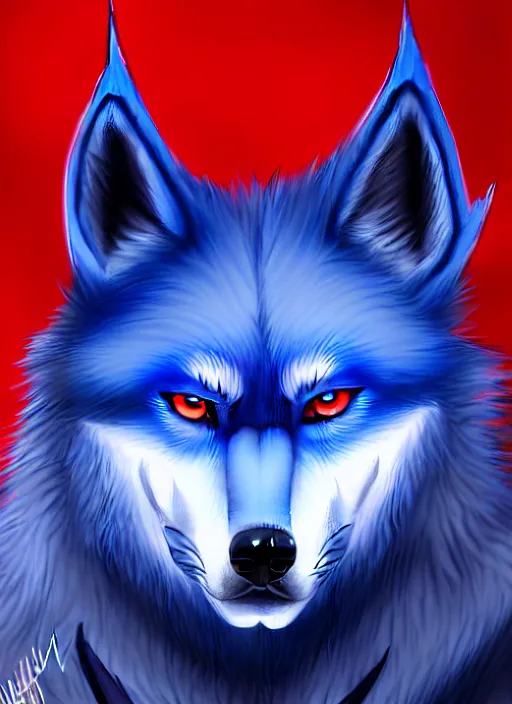 Prompt: blue wolf with red eyes, blue fur highly detailed, deep focus, digital painting, smooth, sharp focus, anime art style, trending on artstation, 4 k
