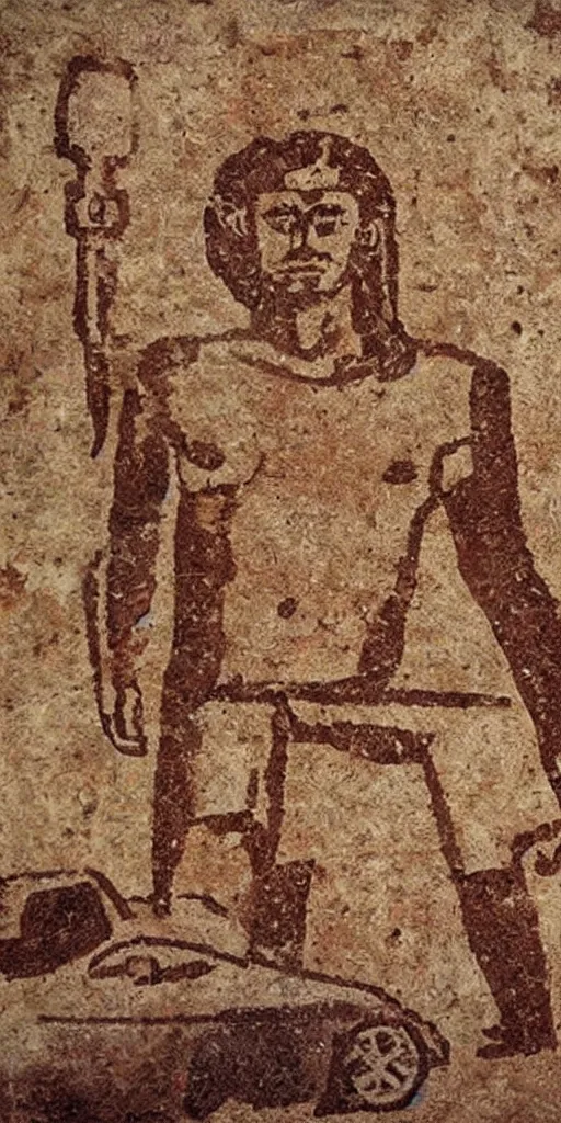 Image similar to sumerian mural of elon musk with ancient car