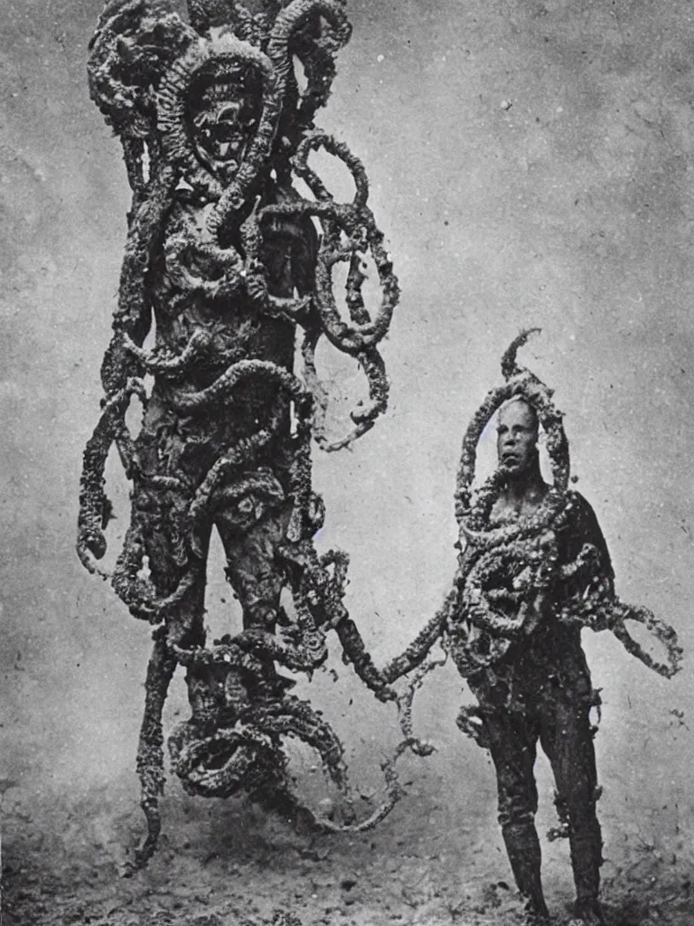 Prompt: 1900 photo of soldier infected with cosmic horror, Lovecraftian