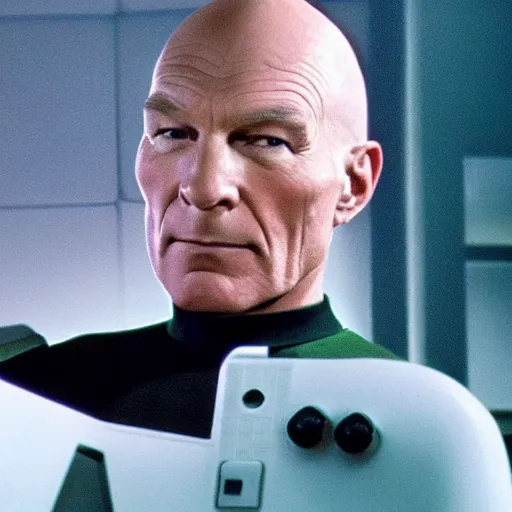 Prompt: captain picard playing on his nintendo switch on the borg cube