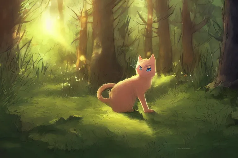 Prompt: cat in the forest, warm backlighting, digital art, trending on artstation, fanart, by kawacy