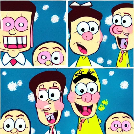 Image similar to a beautiful scrinshort of wedding couple in style of spongebob squarepants cartoon, coherent symmetrical faces