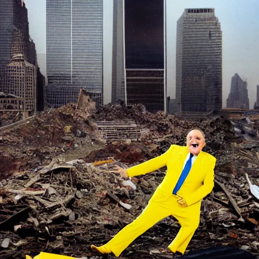 Image similar to a hyper detailed realistic color photograph of Rudy Giuliani laughing maniacally wearing a yellow speedo squatting acting sensually and acting inappropriately on top of the world trade center rubble pile